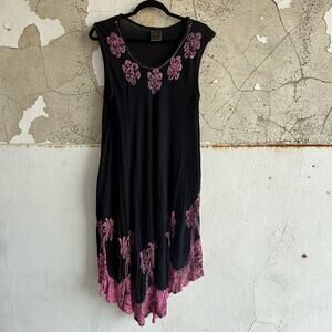 Boho Black Sleeveless Midi Dress Pink Floral Detail Tie Dye Hem India‎ Boutique